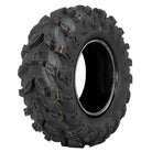 Angled view of the QBT672 8-ply Radial UTV and SXS tire by QuadBoss, showcasing a deep angled directional tread pattern designed for good clean out from casing design and stepped lugs as well as great riding design with radial construction.