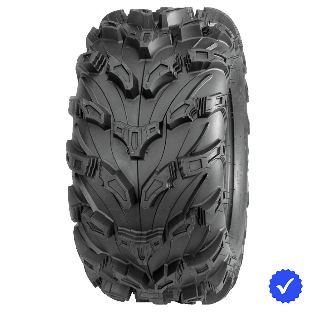 Angled view of the tough 8-ply construction of the QuadBoss QBT672 radial UTV and SXS rear tire, available in popular 12" and 14" rim sizes, designed for premium traction in mud and swampy conditions, offered with free shipping from Ride or Die Tire.