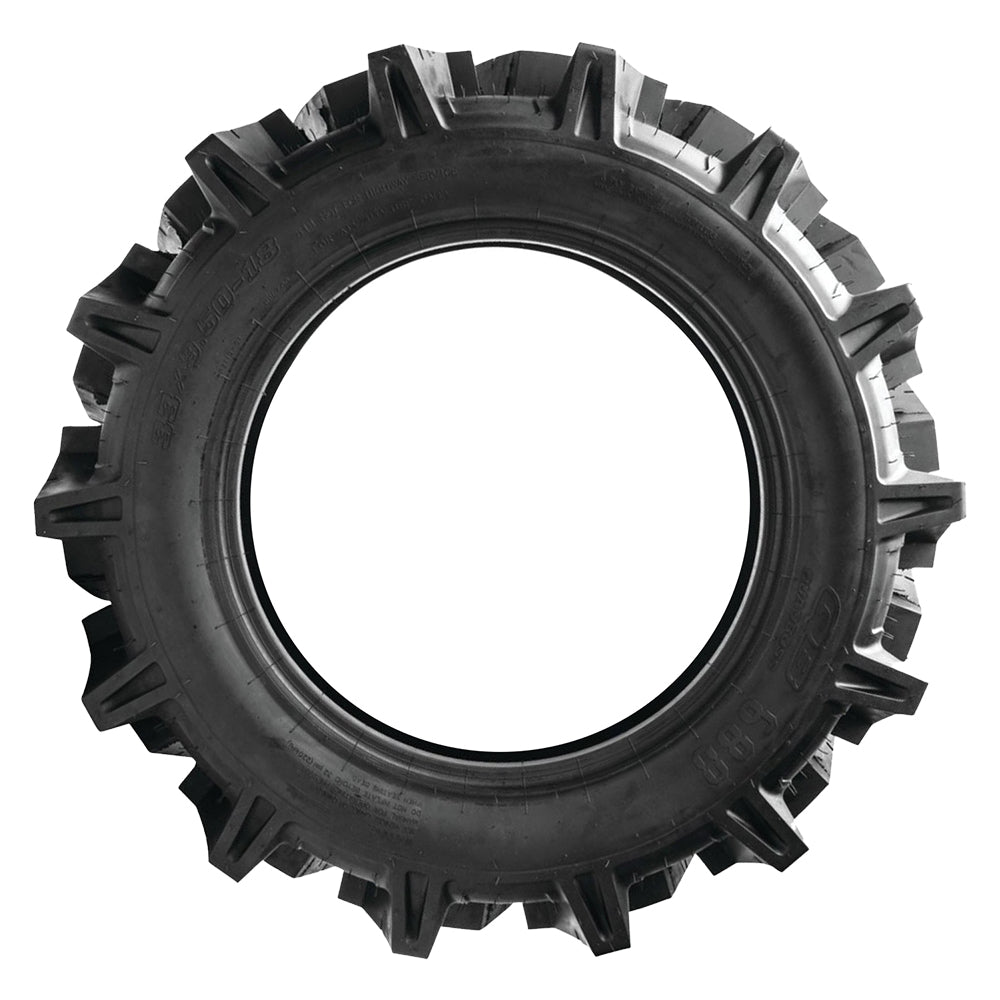 Full sidewall view of the QBT608 UTV and SXS portal lift tire by Quadboss with tough Bias 6-ply construction and rim guard designed to protect wheels from damage, offered in 29" tall to 40" tall sizes for large machines made for mud, bogs, and swamps.