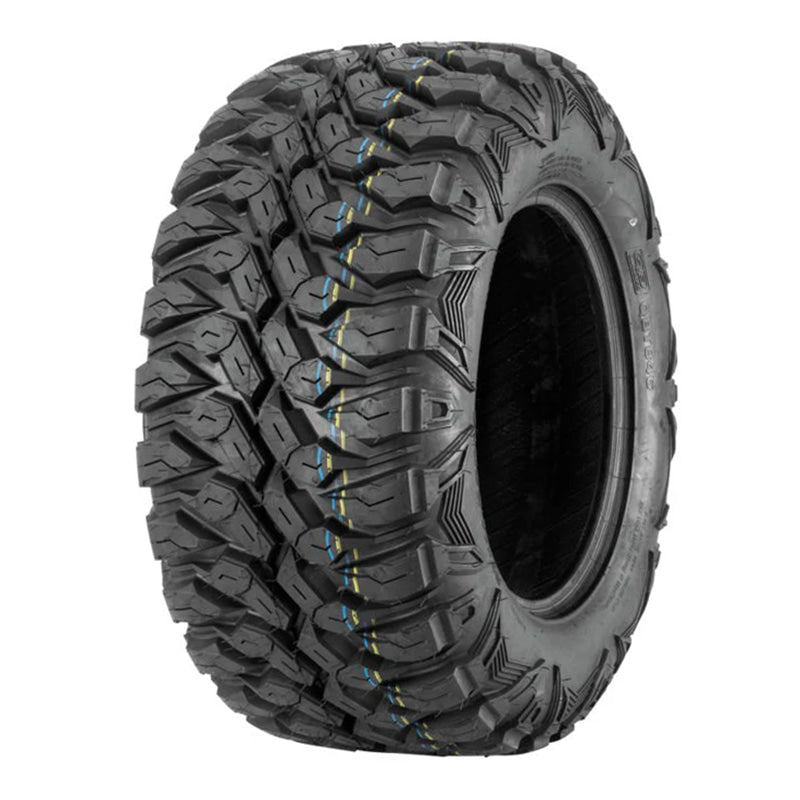 Angled view of the rear 27x11R14 QBT846 8-ply heavy duty all-terrain radial UTV, ATV, and SXS tire.