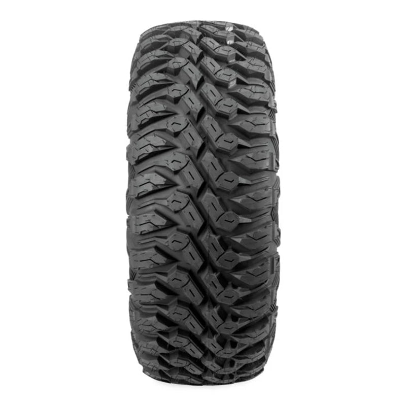 View of the tread pattern and lug design of the QBT846 Quadboss 8-ply radial UTV tire design.