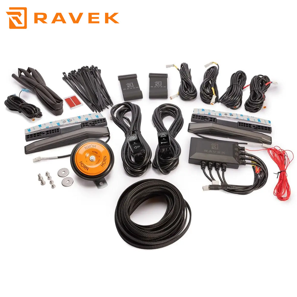 Ravek APEX turn signal kit for Honda Pioneer UTV models, years 2022 and newer, designed to be plug and play and include high power rgb led turn signals, fully integrated wiring, horn, turn signal backlit rocker switches, and unlimited lifetime warranty, sold with fast and free shipping by Ride or Die Tire, Item #66-100.