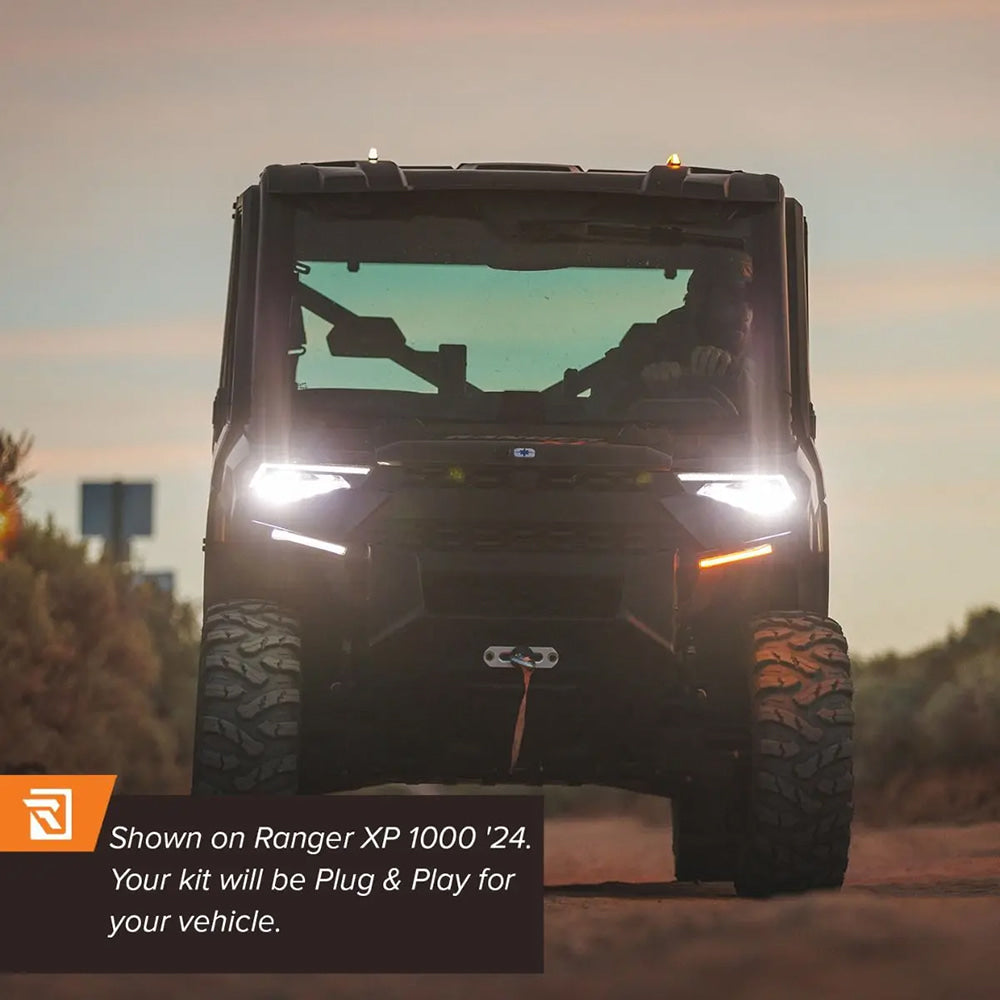 Example photo of the Ravek light kits installed on a Polaris Ranger XP 1000.