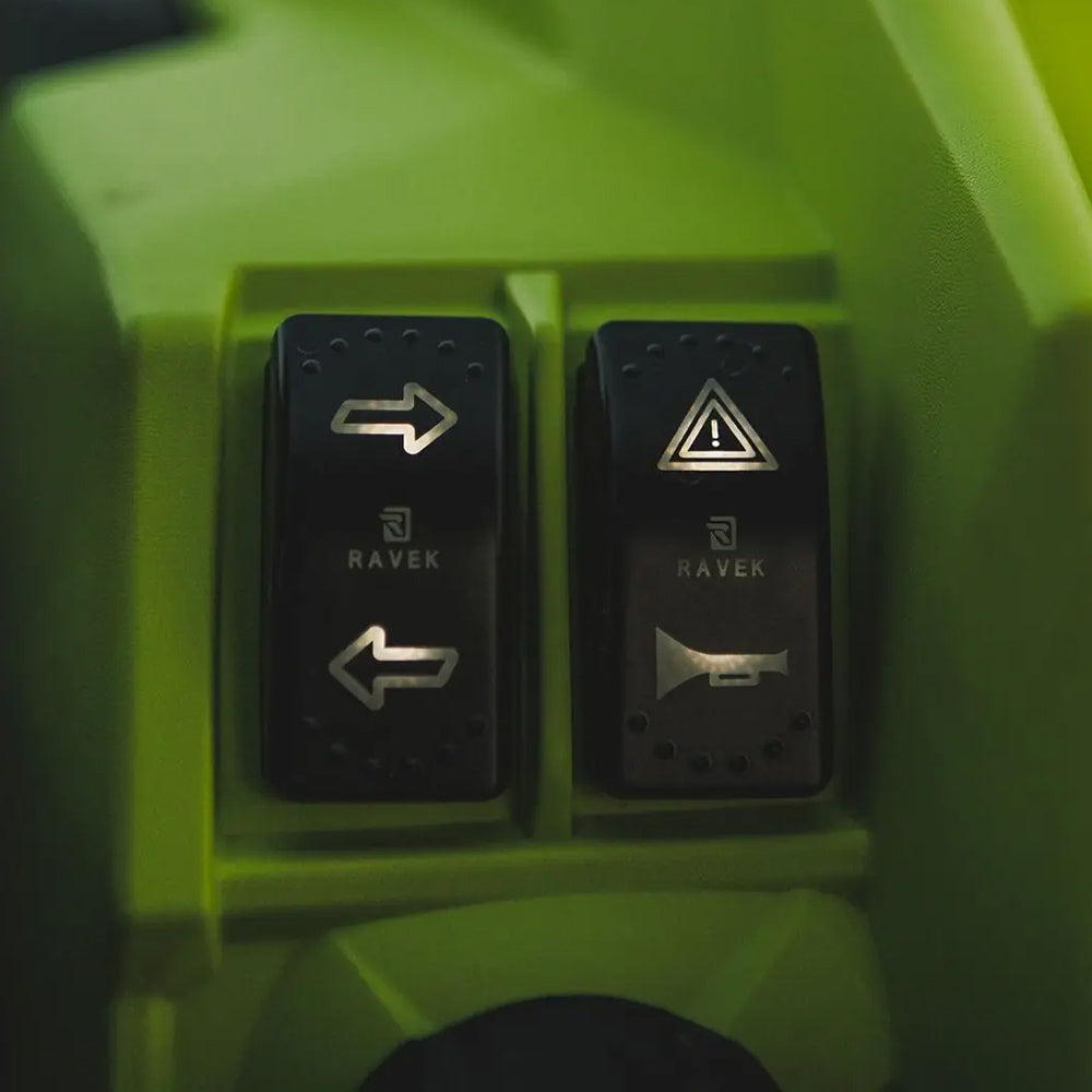 Backlit illuminated rocker switches included in the Ravek Apex turn signal kit for UTVs, installed in the dash, for turn signal indicators, horn, and hazards.
