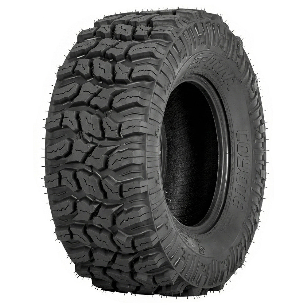 Angled view of the Sedona Coyote 25x10-12 rear ATV and UTV tire, manufactured with tough 6-ply bias construction and a high traction design while still riding well on hard surfaces with extended tread life.
