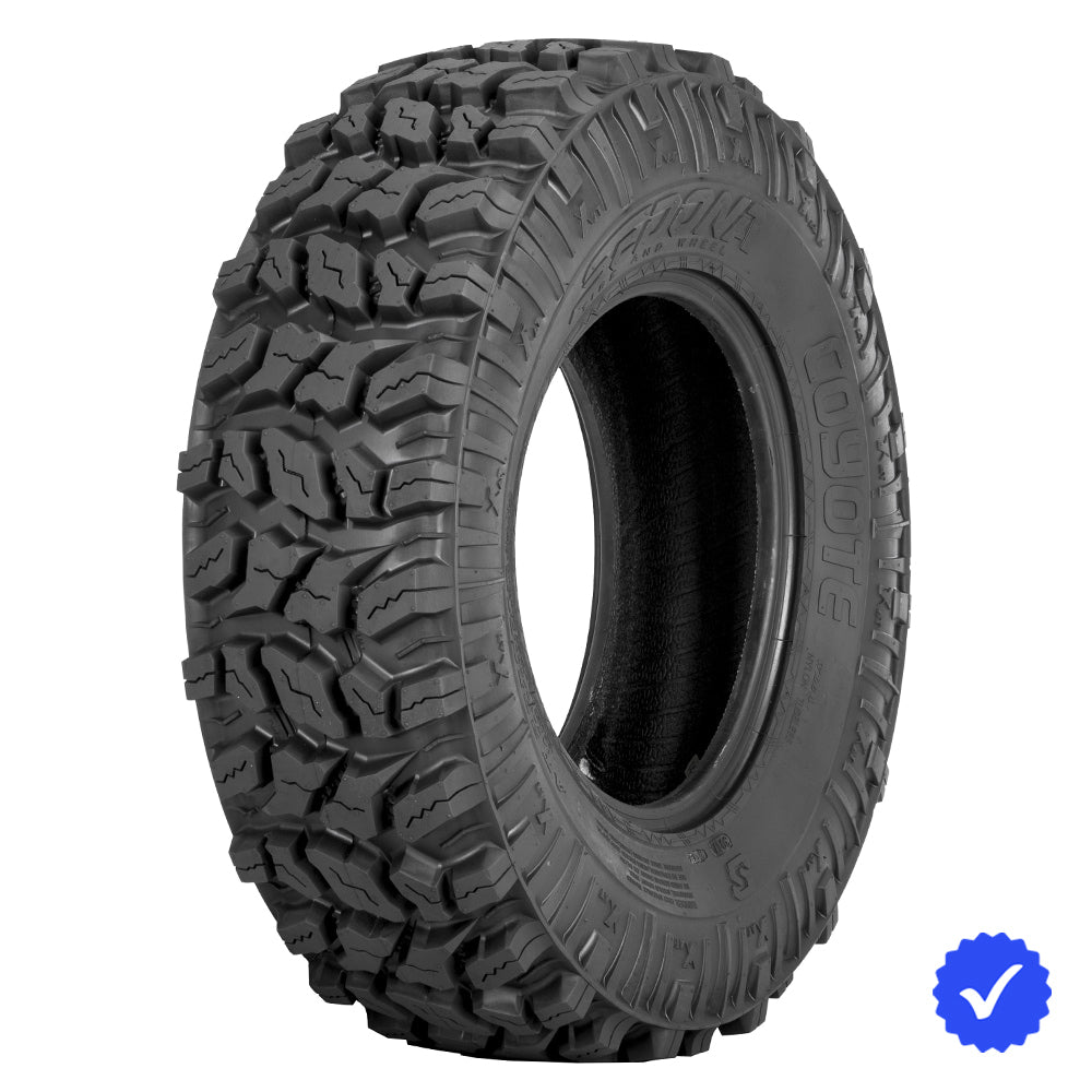 Angled view of the Sedona Coyote 25x8-12 front ATV and UTV tire, manufactured with either tough 6-ply bias construction on smaller sizes or 8-ply radial construction on 28x10r14 size, designed with a high traction tread pattern while still riding well on hard surfaces with extended tread life, all sizes offered with fast and free shipping.