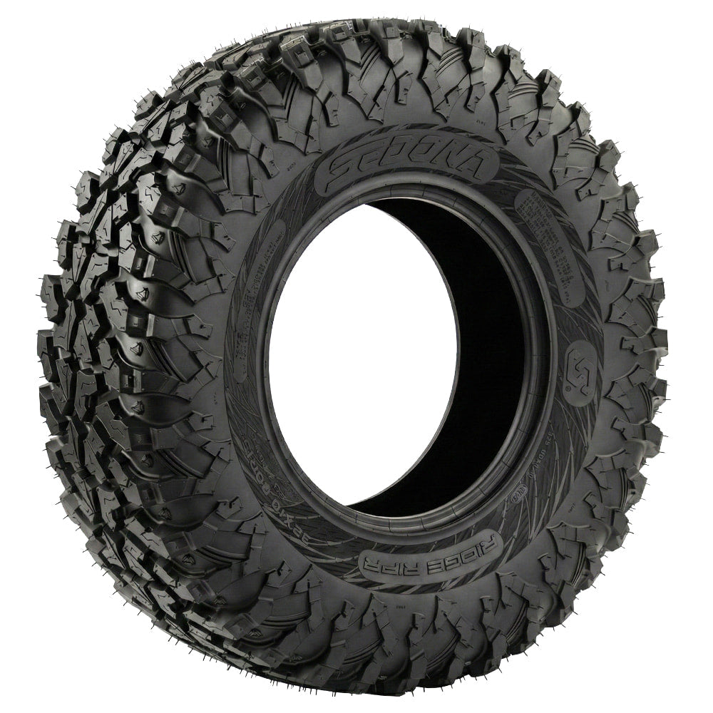 Angled view of the brand new Sedona Ridge RIPR tire, made with a high performance hybrid all-terrain tread pattern for excellent performance and control on a wide variety of surfaces including rocks, trails, hardpack, and ruts, offered in all the popular sizes and including fast and free shipping.