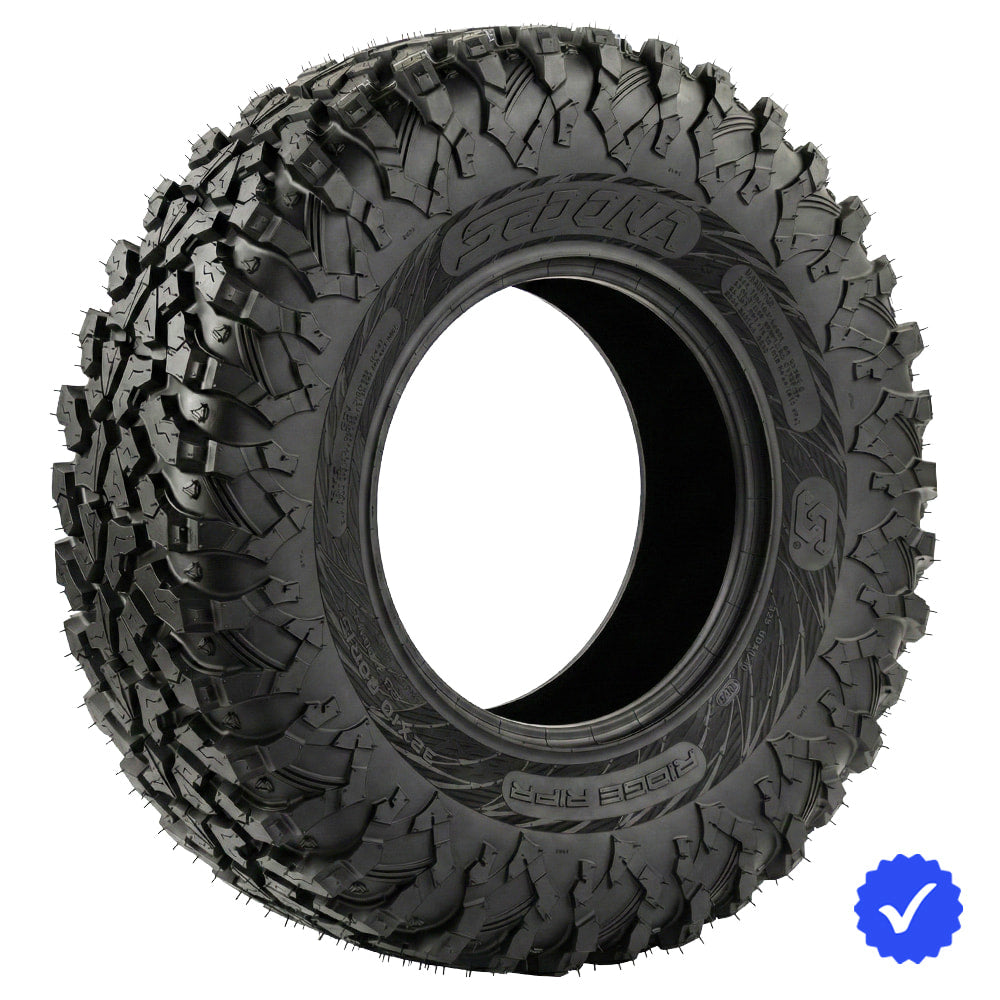 Angled view of the brand new Sedona Ridge RIPR tire, made with a high performance hybrid all-terrain tread pattern for excellent performance and control on a wide variety of surfaces including rocks, trails, hardpack, and ruts, offered in all the popular sizes and including fast and free shipping.
