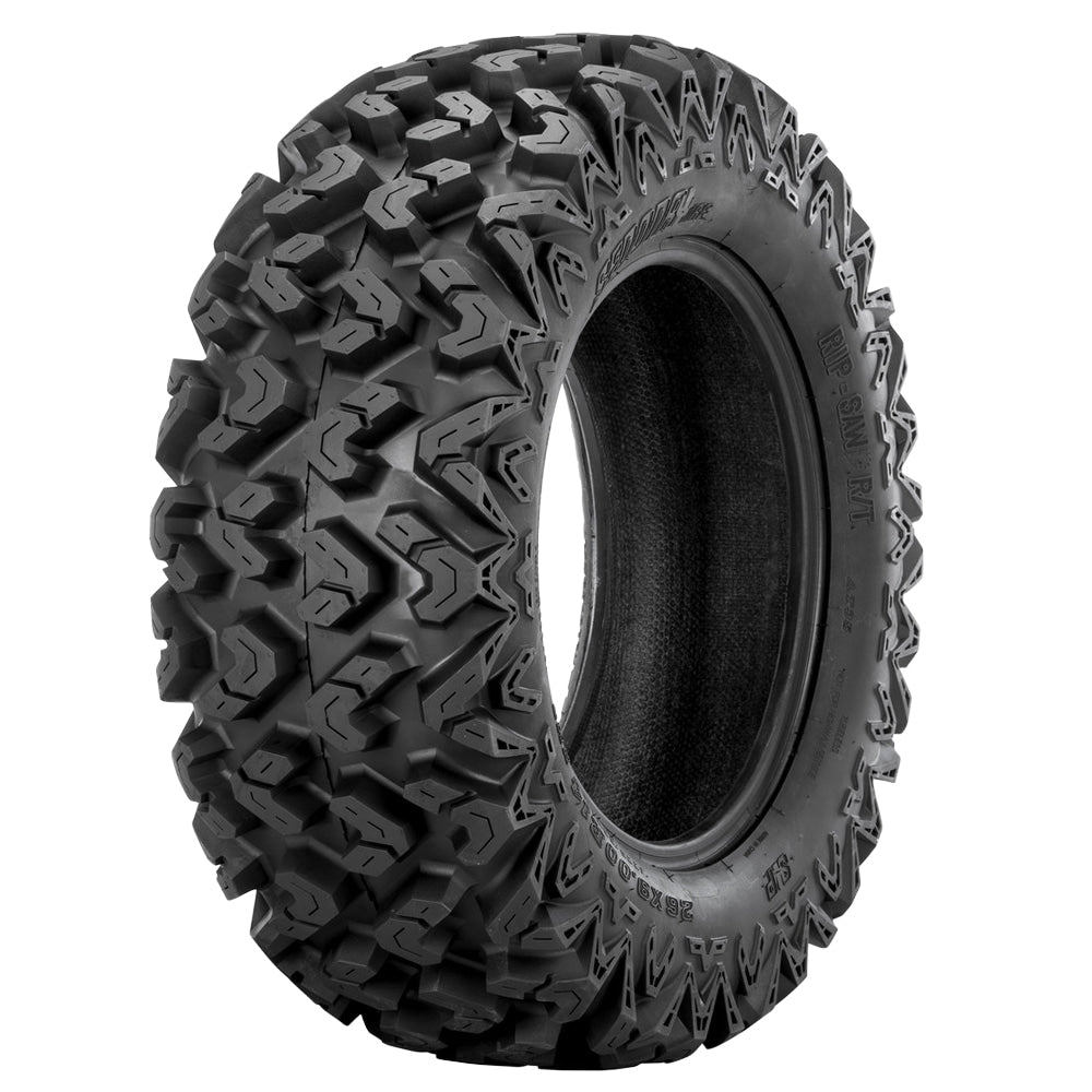 Angled view of the Sedona Rip Saw R/T front 26x9R14 tire, made with rugged 6 or 8-ply radial construction, high traction tread pattern, beefy shoulder lugs, and the durability Sedona tires are known for, made in sizes for 12" and 14" diameter wheels, all sold with free shipping.