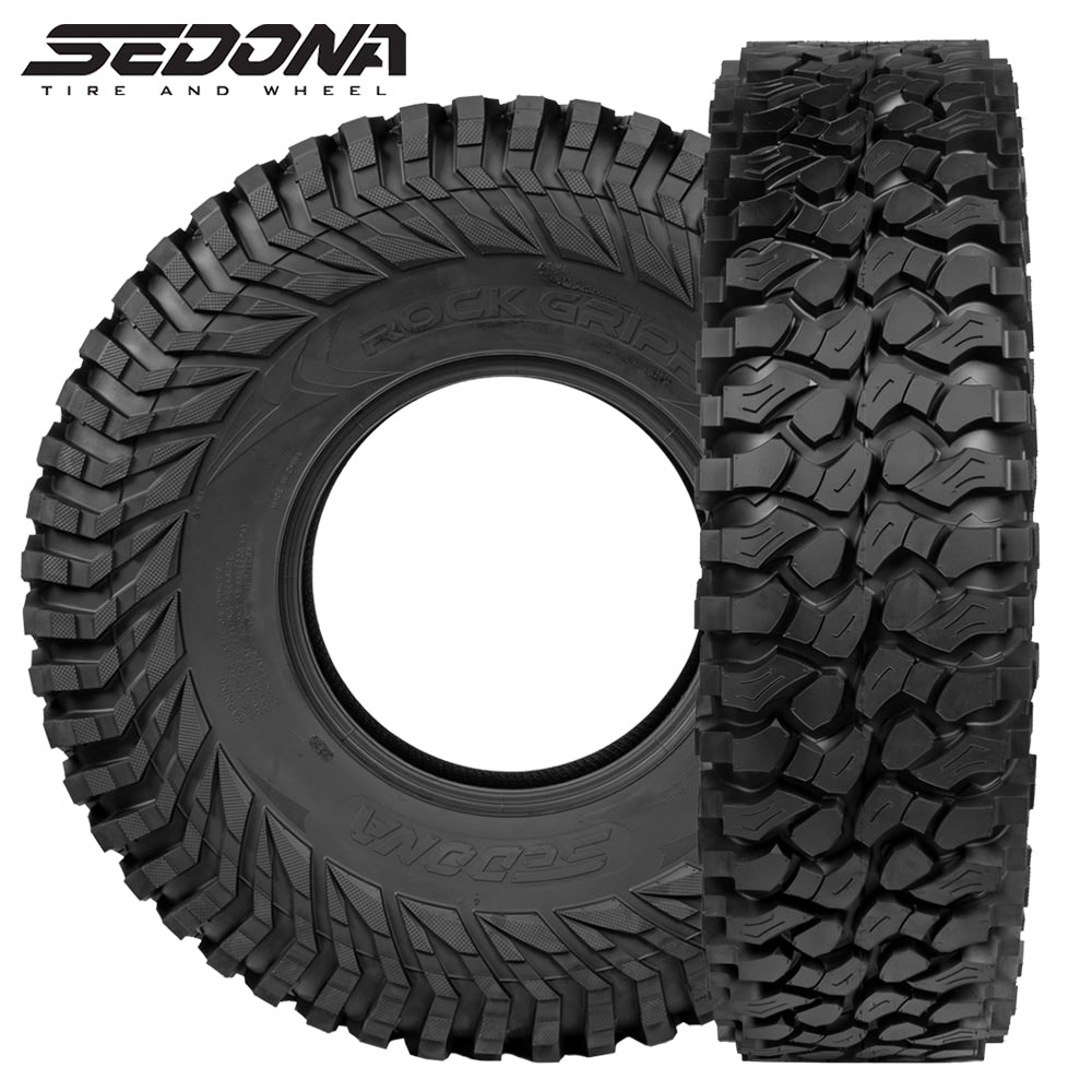 Main product image of the brand new Sedona Rock Gripr 8-ply nylon radial rock crawling tires for UTV and SXS, featuring high traction rubber compound and strong deep shoulder and sidewall lugs, similar to Maxxis Roxxzilla tires, showcasing the tread pattern view and sidewall view, sold by authorized Sedona dealer, Ride or Die Tire.