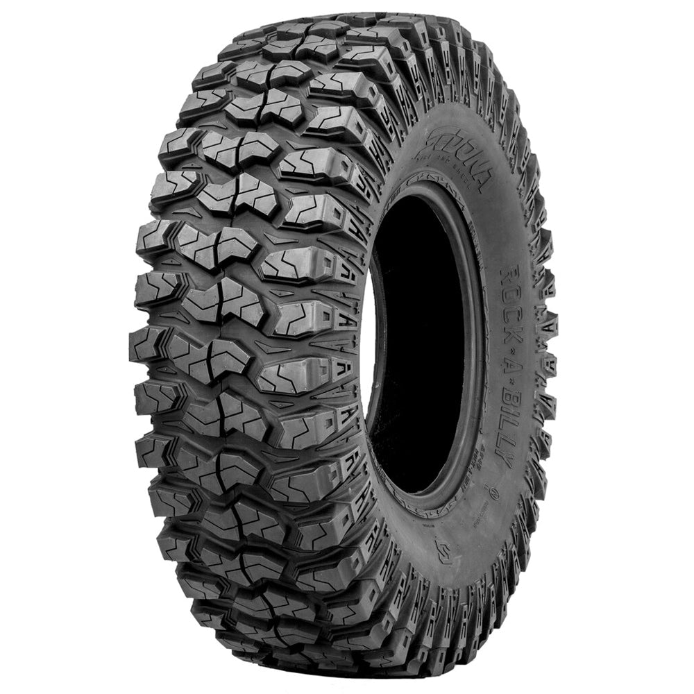 Angled view of the 14" and 15" wheel sizes Sedona Rock-A-Billy 8-ply radial UTV and SXS tire, designed with lightweight toughness and smooth nylon radial ride, available with fast and free shipping, Part # 570-5205 in 28x10R14, Part # 570-5206 in 30x10R14, Part # 570-5207 in 32x10R14, and Part # 570-5208 in 32x10R15 sizes.