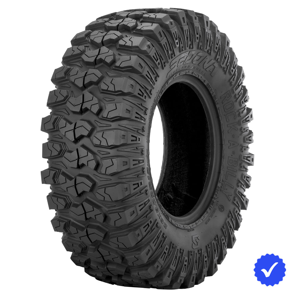 Angled view of the 26x9R12 Sedona Rock-A-Billy 8-ply radial UTV and SXS tire, designed with lightweight toughness and smooth nylon radial ride, available with fast and free shipping, Part # 570-5200.