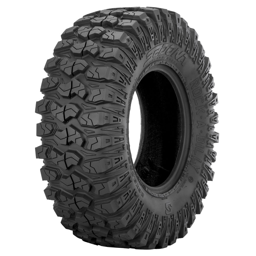 Angled view of the 26x9R12 Sedona Rock-A-Billy 8-ply radial UTV and SXS tire, designed with lightweight toughness and smooth nylon radial ride, available with fast and free shipping, Part # 570-5200.