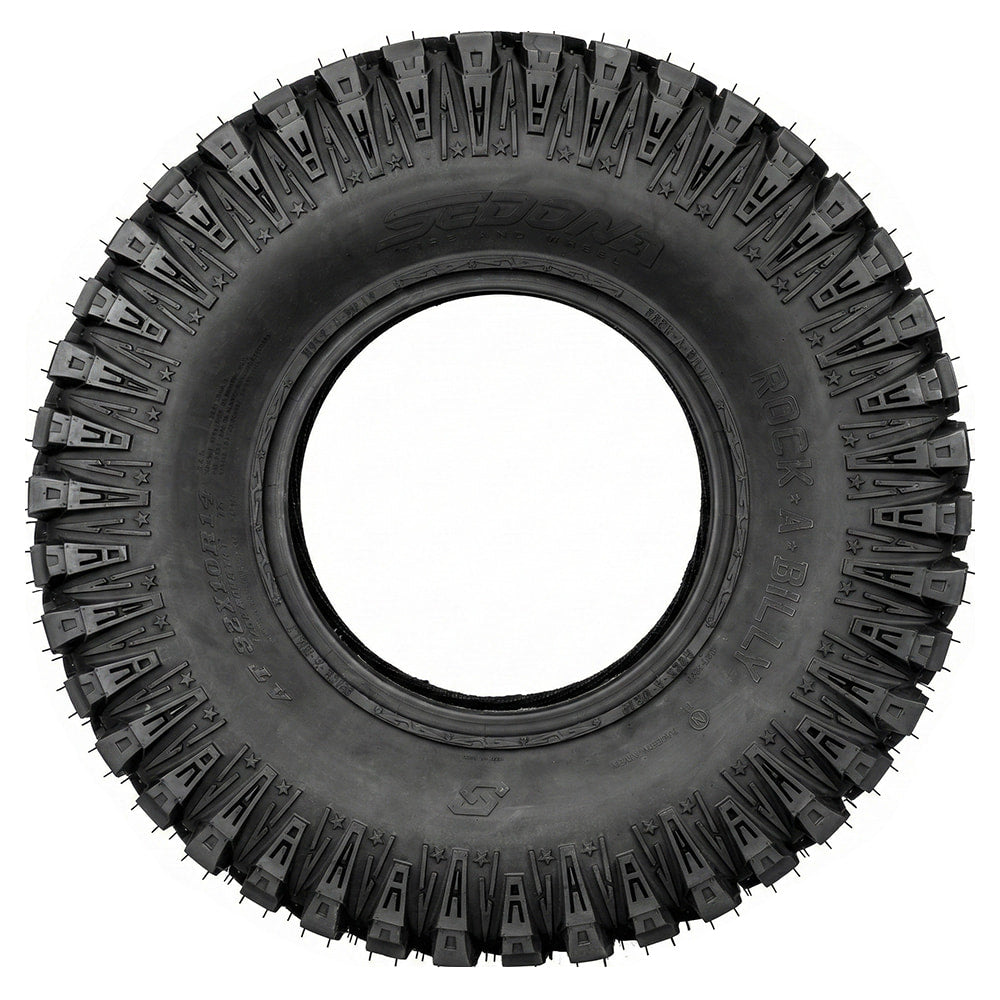 Full sidewall view of the 28x10R14 Sedona Rock-A-Bill 8-ply Nylon Radial ATV / UTV / SXS tire, showcasing robust wrap-around shoulder lugs and rugged design with built-in rim and bead protector.