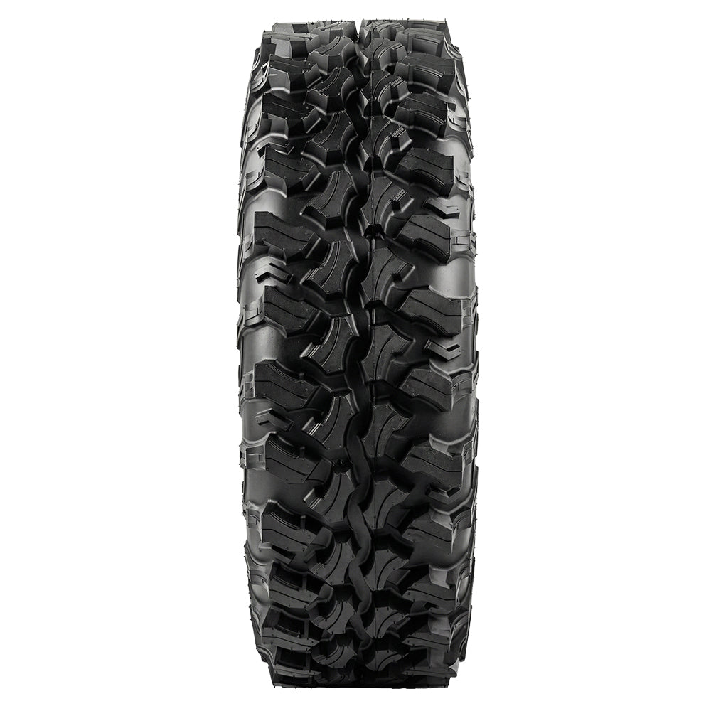 Full tread pattern view of the Sedona Trail RIPR 8-ply nylon radial tire, showcasing the non-directional design, large spacing between the shoulder lugs for rock crawling traction and great cleanout in mud, and more tightly placed center row tread blocks for better steering response and hardpack performance.