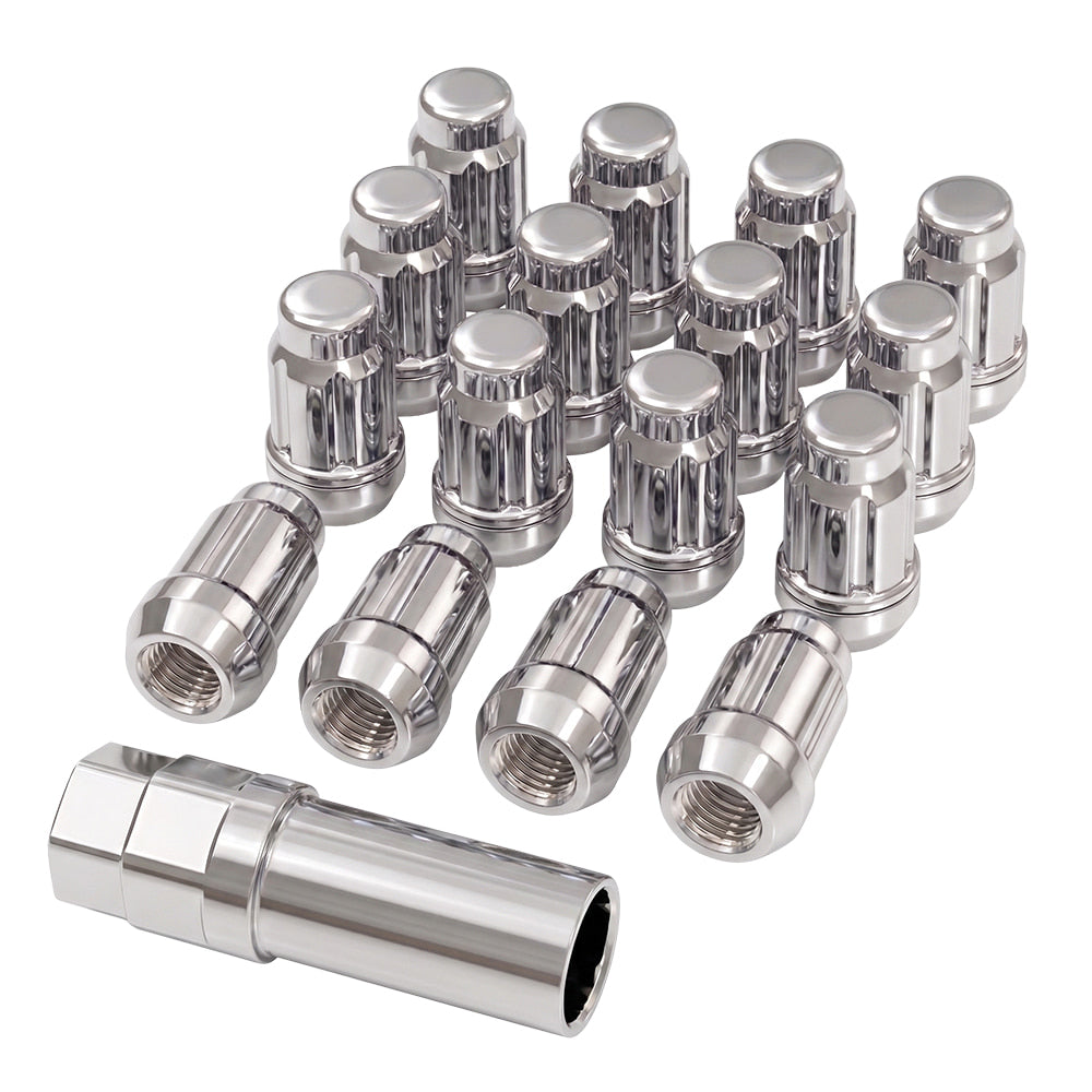 Set of 16 new chrome splined UTV lug nuts with splined key for UTV, ATV, and SXS applications in a 12mmx1.5, 12x1.25, and 3/8x24 thread pitch, all with fast and free shipping.