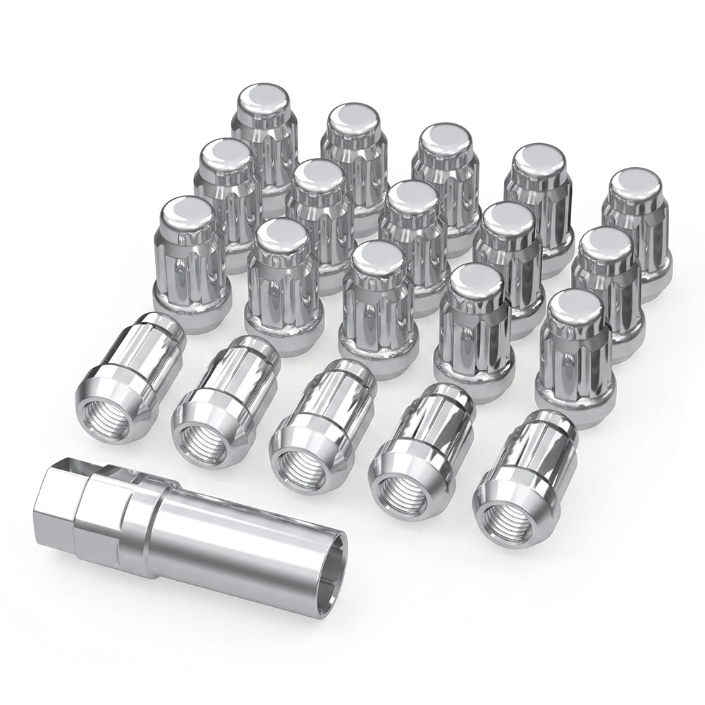 Set of 20 new chrome splined UTV lug nuts with splined key for UTV, ATV, and SXS applications in a 12mmx1.5, 12x1.25, and 3/8x24 thread pitch, all with fast and free shipping.