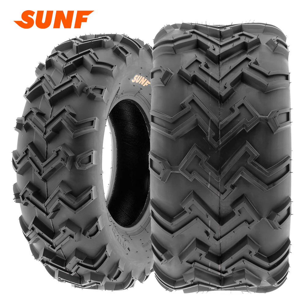 Main listing photo of the SunF A001 lineup of all-terrain 6-ply ATV, UTV, and Lawn tires, great for Zero Turns and small UTVs, featuring a high traction zig-zag tread pattern, strong construction, and available in 10" and 12" wheel sizes, all with free shipping from Ride or Die Tire.