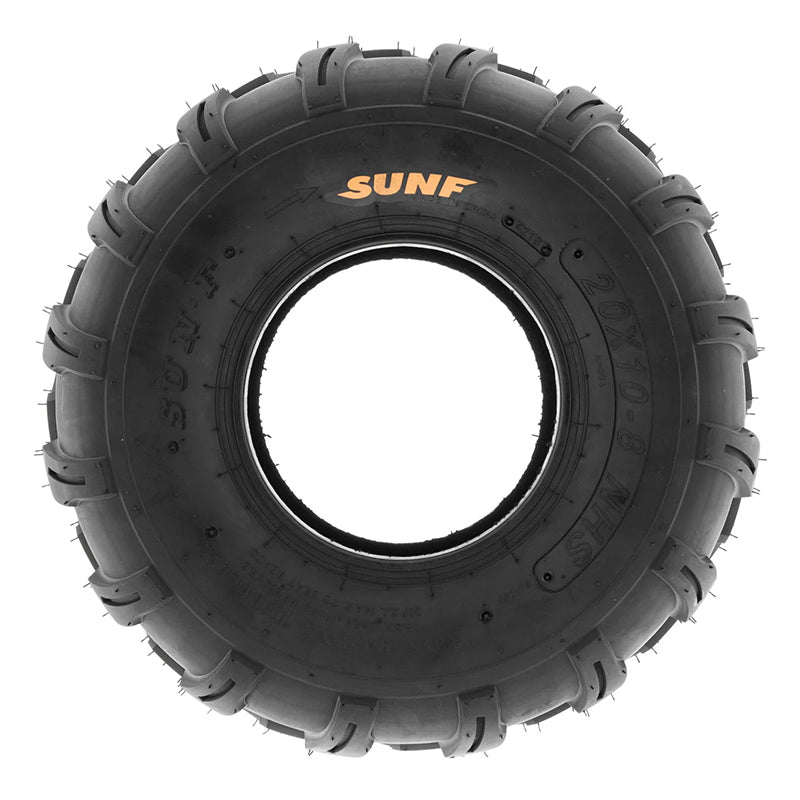 Full sidewall view of SunF ATV tires made for 8" rims with overall heights ranging from 18" to 21", using rugged 6-ply construction.
