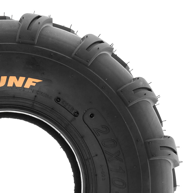 Close up detailed view of the sidewall on a 20x10-8 bias 6-ply ATV tire by SunF, model A003, sold by Ride or Die Tire and offered with free shipping.