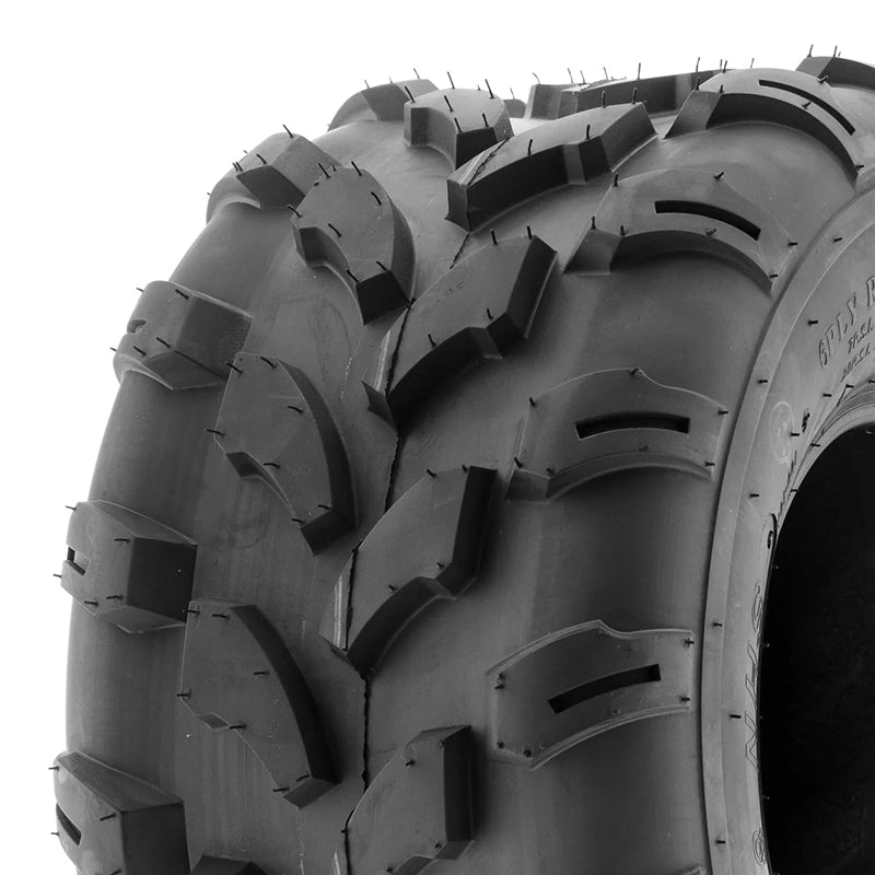 Close up view of the tread pattern and lug design detail on the SunF A003 directional mud and all terrain UTV and ATV tire.