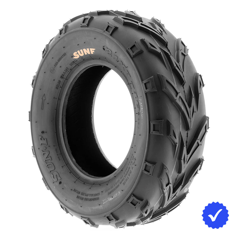 Single / Individual SunF A004 front ATV tire available with free shipping, featuring 6-ply bias construction and angled all-terrain tread pattern, sold by Ride or Die Tire.