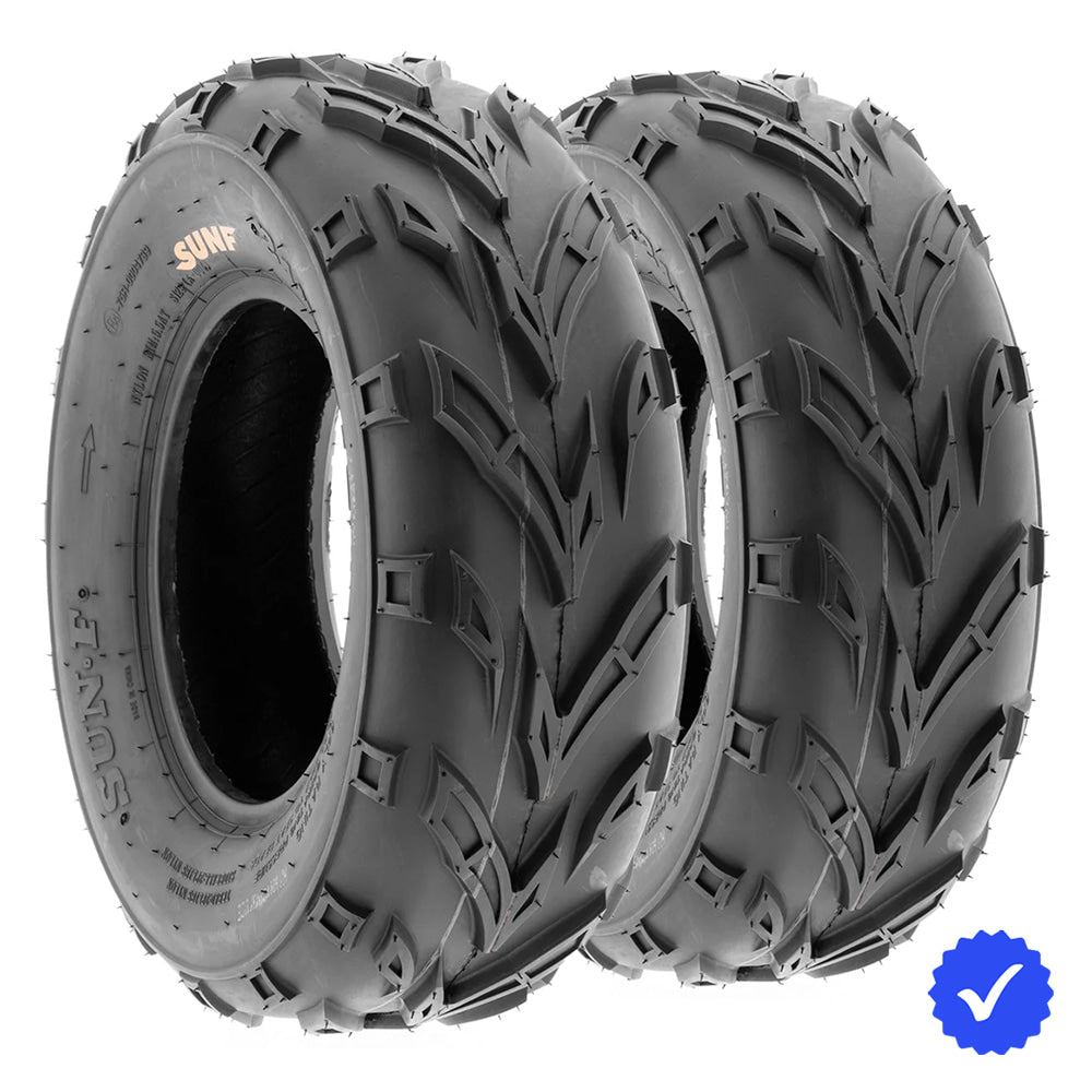 Pair / Set of 2 SunF A004 front ATV tires available with free shipping, featuring 6-ply bias construction and angled all-terrain tread pattern, sold by Ride or Die Tire.