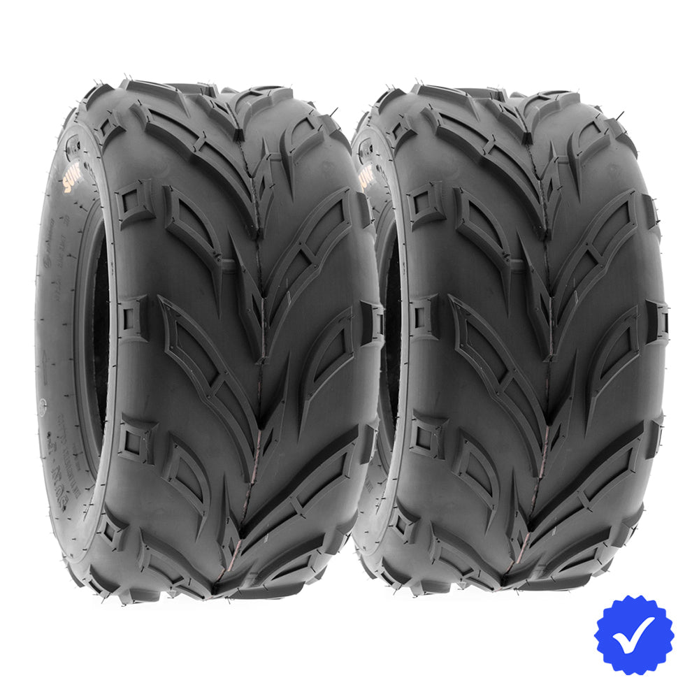 Pair / Set of 2 SunF A004 rear ATV tires available with free shipping, featuring 6-ply bias construction and angled all-terrain tread pattern, sold by Ride or Die Tire.