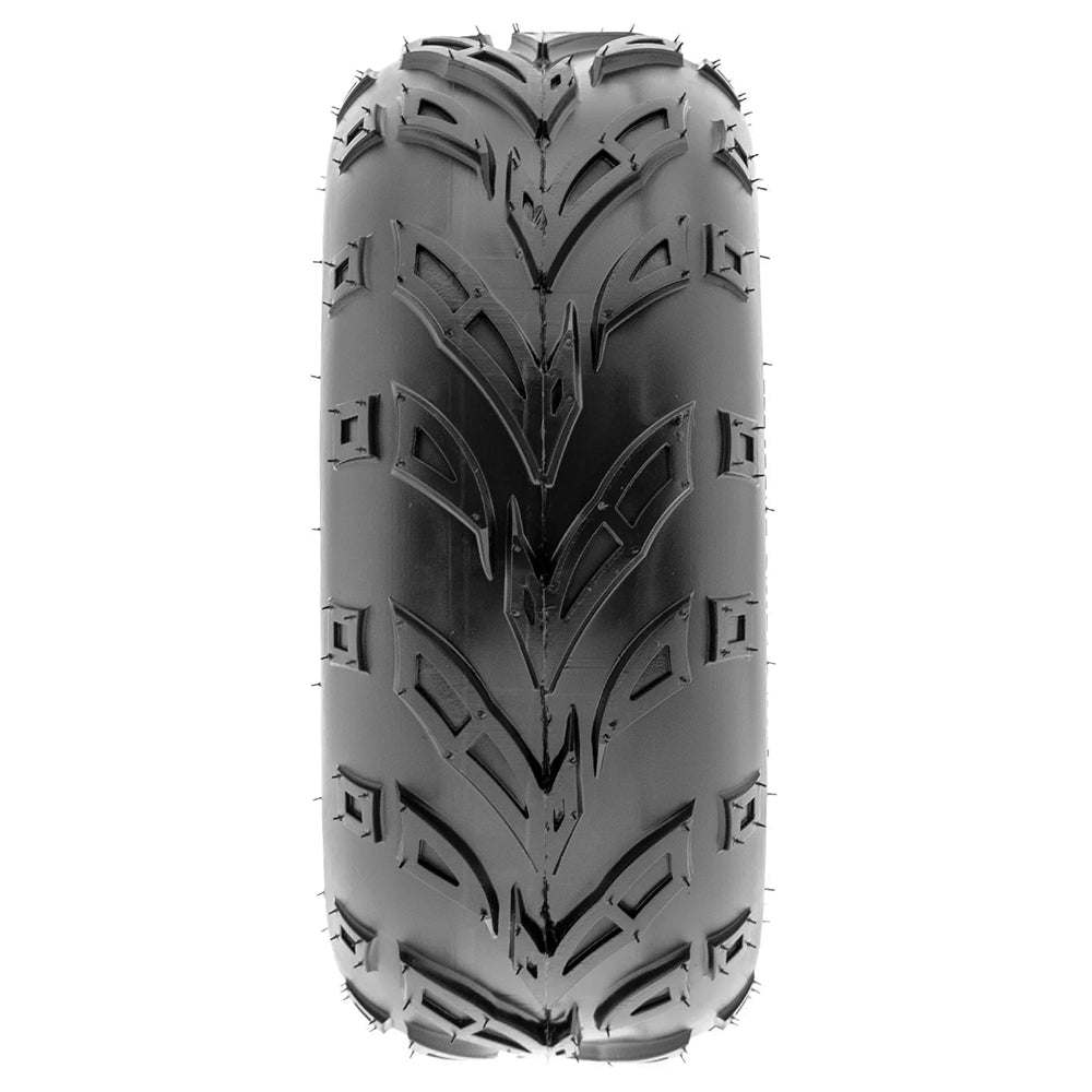 Full tread pattern view of the SunF A004 atv / quad / utv tire collection, showcasing the directional checkmark style center tread design, pocketed lugs, and clamshell mold construction.
