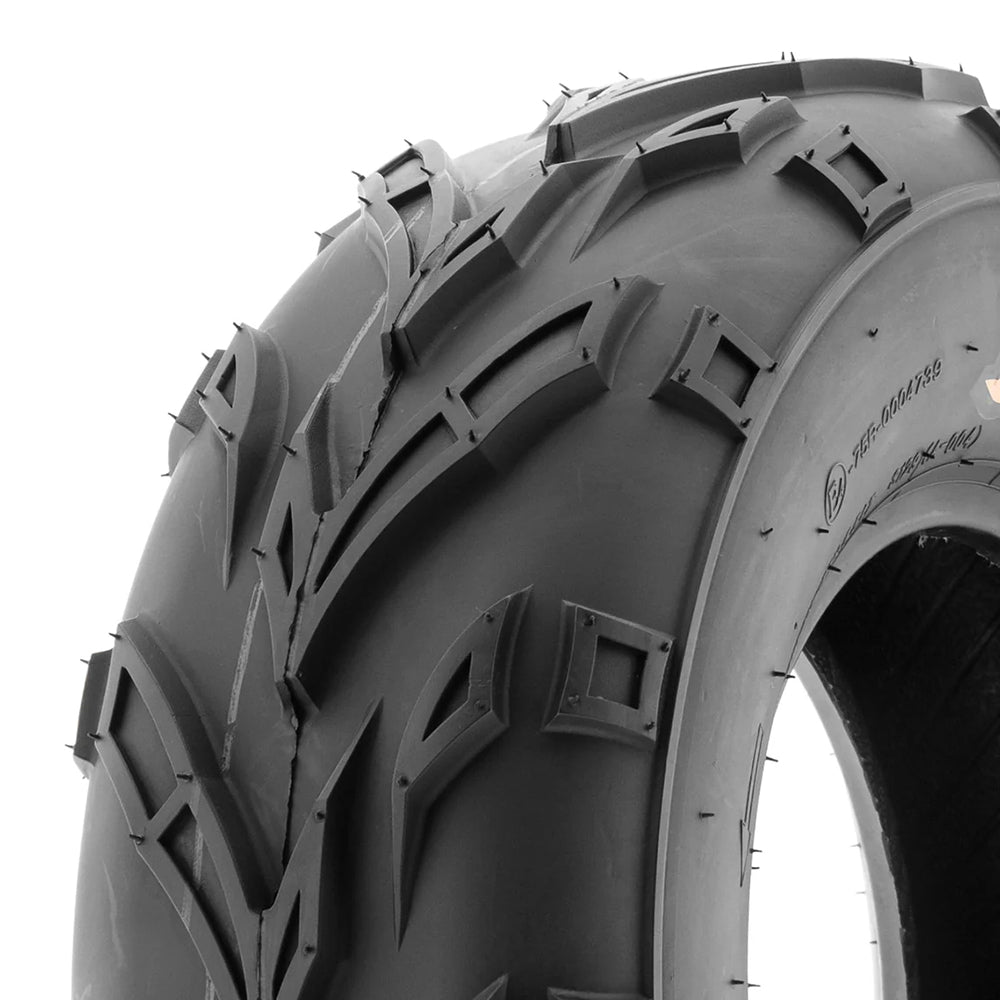 Close up detailed tread pattern and lug design view of the checkmark style center tread pattern of the SunF A004 ATV/Quad and UTV tire lineup.