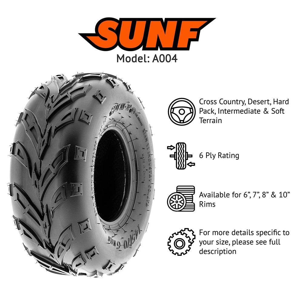 Promotional feature photo of the SunF A004 atv and quad tire, displaying the cross country, desert, hard pack, intermediate and soft terrain application, 6-ply bias rating, and available rim sizes of 6", 7", 8", and 10" diameters.