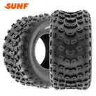 Main listing photo of the SunF A005 Quad and ATV 6-Ply Bias construction tire, designed for high traction and performance with an angled, diagonal, and directional tread pattern, offered in 9" and 10" rim sizes, all with free shipping from Ride or Die Tire.
