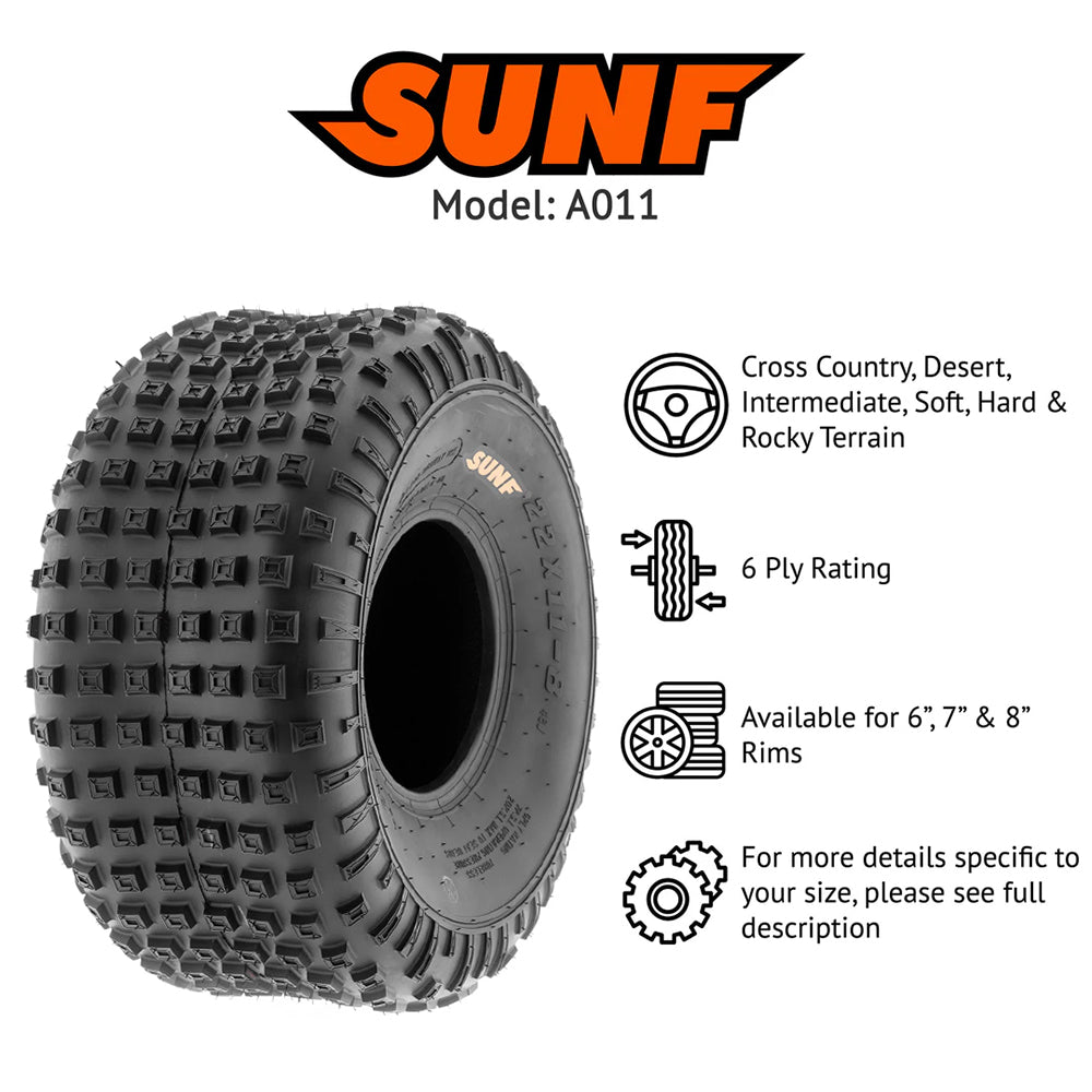 Promotional and feature photo showcasing the SunF A011 rear atv tire details such as cross country, desert, intermediate, soft, hard, and rocky terrain design, 6-ply bias rating, available sizes for 6", 7", and 8" rims, and full specifications available in the product description table.