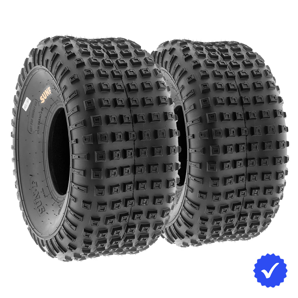Angled view of a pair - set of 2 - SunF A011 rear knobby quad/atv tires with 6-ply bias construction, simple classic knobby design, available in several popular 6", 7", 8" sizes, and sold with free shipping by Ride or Die Tire.