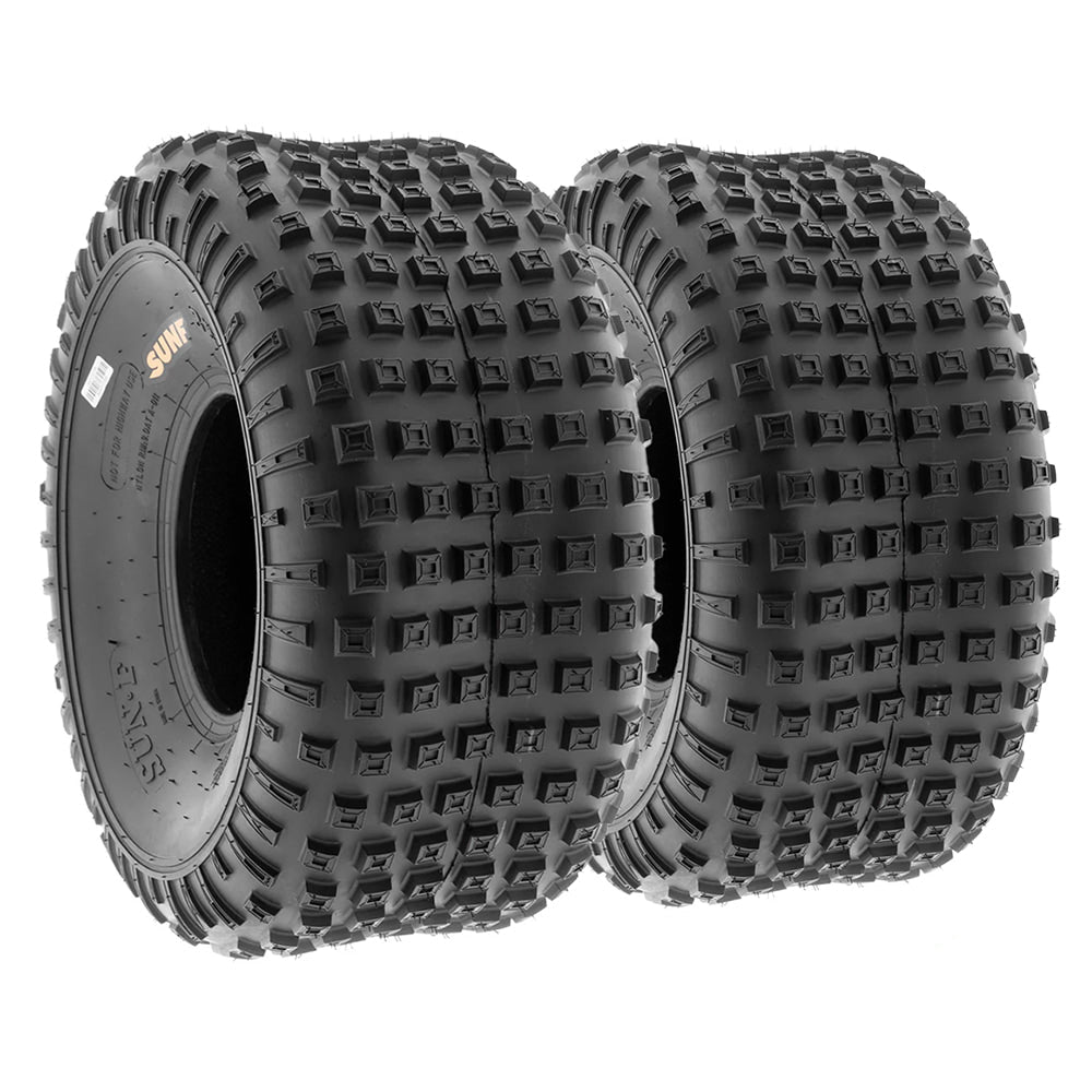 Angled view of a pair - set of 2 - SunF A011 rear knobby quad/atv tires with 6-ply bias construction, simple classic knobby design, available in several popular 6", 7", 8" sizes, and sold with free shipping by Ride or Die Tire.