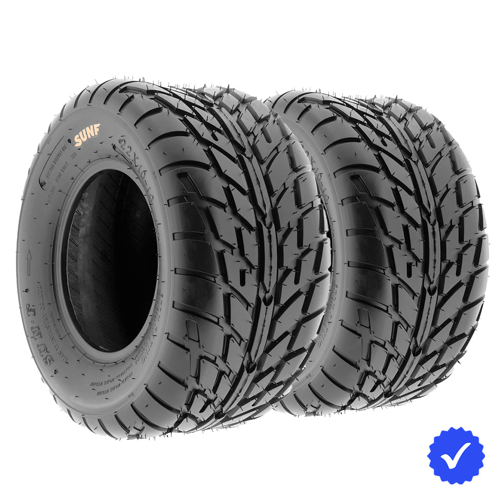Angled view of a pair of SunF A021 street and asphalt directional 6-ply tires for street quads and ATVs, available in rim sizes from 6" to 14" in a wide variety of popular sizes and heights.