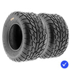 Angled view of a pair of SunF A021 street and asphalt directional 6-ply tires for street quads and ATVs, available in rim sizes from 6" to 14" in a wide variety of popular sizes and heights.