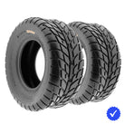 Angled view of 25x10-12 street and road quad tires designed with directional tread pattern and higher speed design, offered with free shipping and available in pairs or as individual tires.