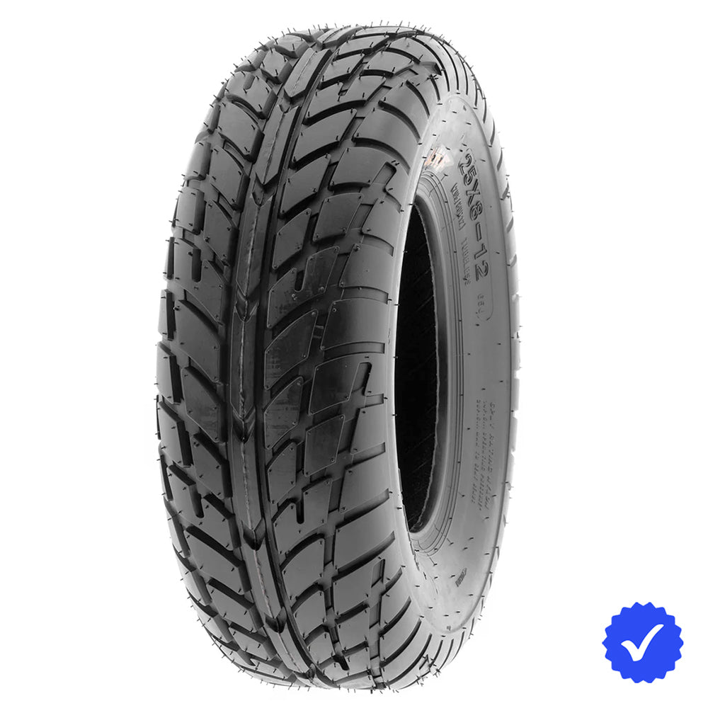 Angled view of a 25x8-12 SunF A021 street and road designed Quad and ATV front tire, sold individually or as a set of 2, offered with free shipping by authorized SunF dealer Ride or Die Tire.
