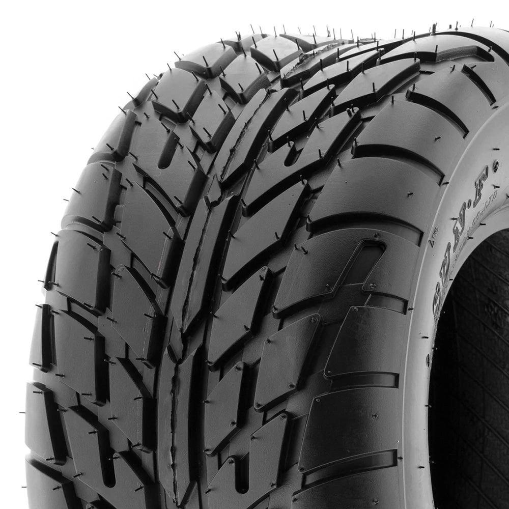 Close up detailed view of the directional tread pattern blocks and center tread design featured on the high performance street quad tire by SunF, the A021 model in 6-ply bias construction.