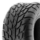 Close up detailed view of the directional tread pattern blocks and center tread design featured on the high performance street quad tire by SunF, the A021 model in 6-ply bias construction.