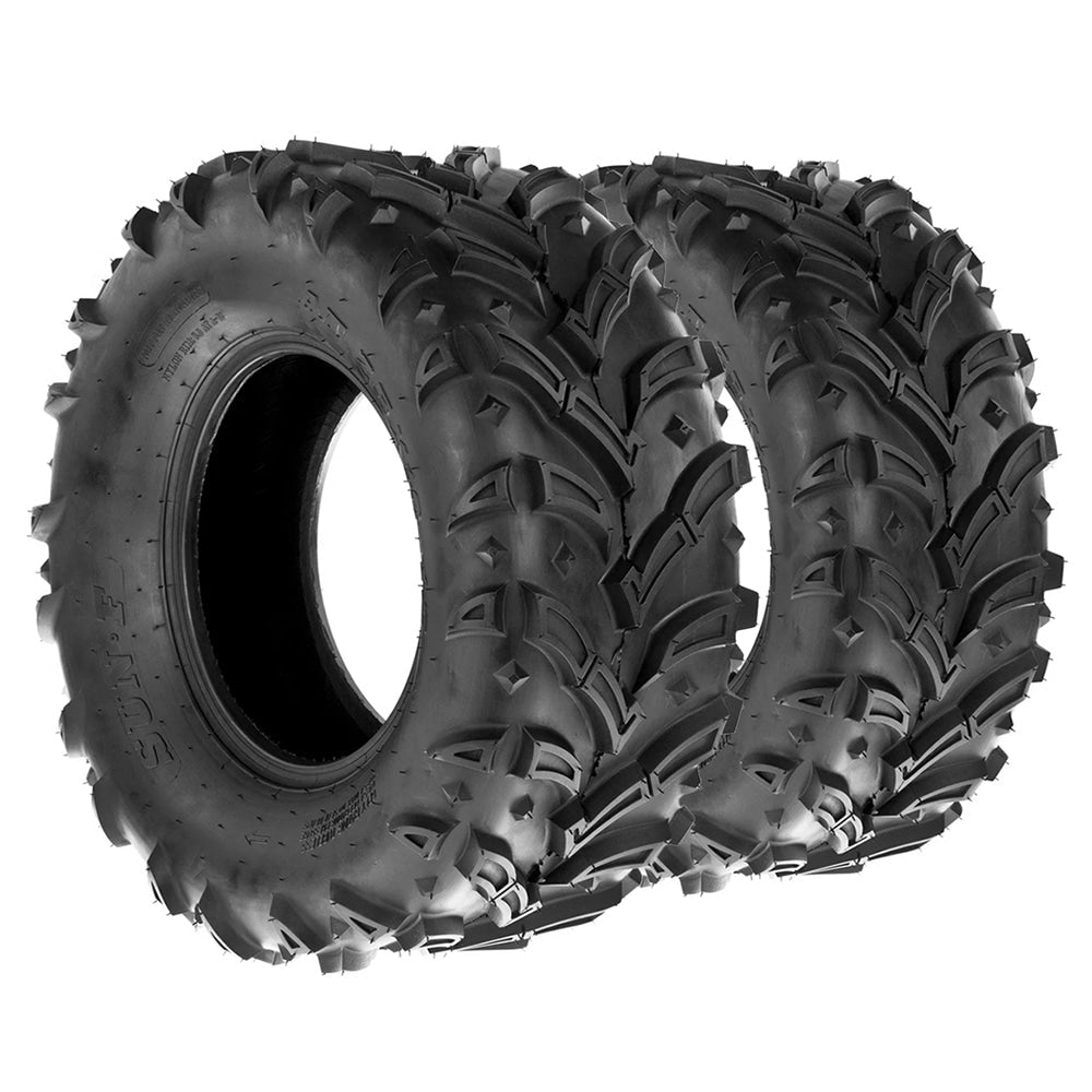 Pair / Set of 2 SunF A024-1 rear atv and utv tires in 25x10-12 size, featuring directional mud all-terrain design and 6-ply bias rating, great price and offered with fast and free shipping.
