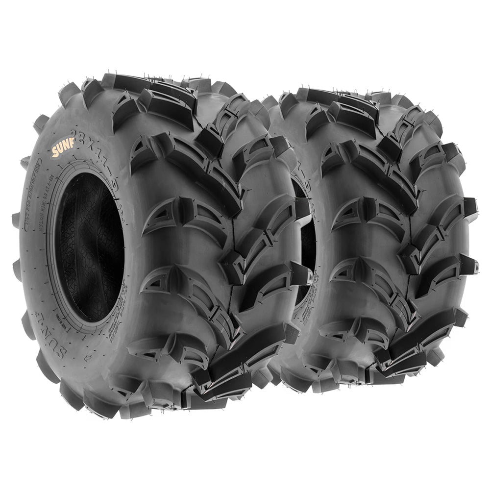 Pair / Set of 2 SunF A024 rear atv and utv tires in 25x10-12 and 22x11-9 size, featuring directional mud all-terrain design and 6-ply bias rating, great price and offered with fast and free shipping.