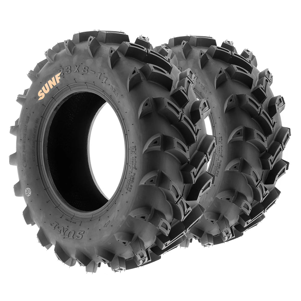Pair / Set of 2 SunF A024 front atv and utv tires in 23x8-11 and 25x8-12 size, featuring directional mud all-terrain design and 6-ply bias rating, great price and offered with fast and free shipping.