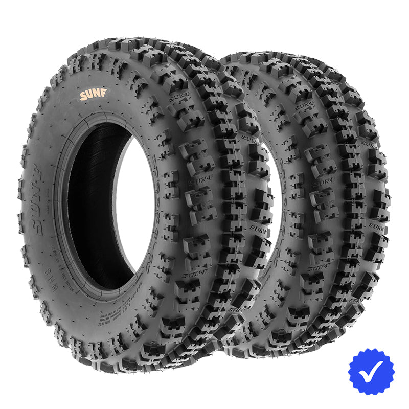 Pair of affordable SunF A027 ATV and Quad front knobby 6-ply tires in 9", 10", and 11" rim sizes, for sale by Ride or Die Tire, offered with free shipping.