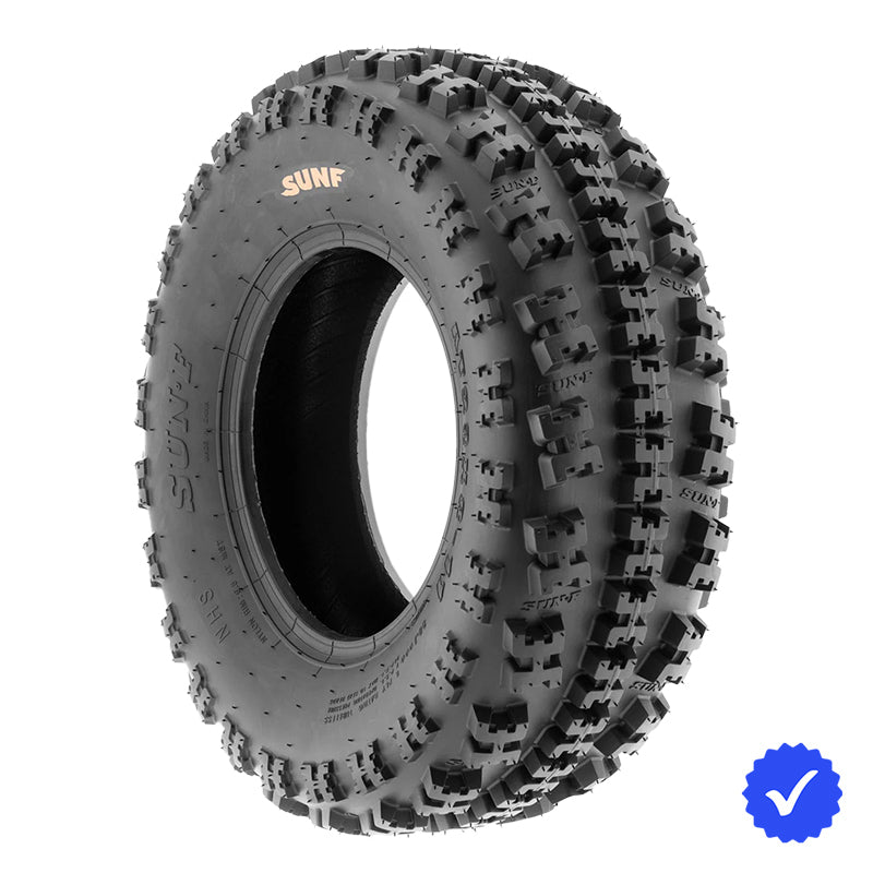 Single SunF A027 ATV and Quad front knobby 6-ply tire in 9", 10", and 11" rim sizes, for sale by Ride or Die Tire, offered with free shipping.