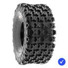 Individual SunF rear knobby ATV tire in 18", 20", 22", and 23" tall sizes, made with 6-ply bias construction, x-knob lug design and full color sidewall logo.
