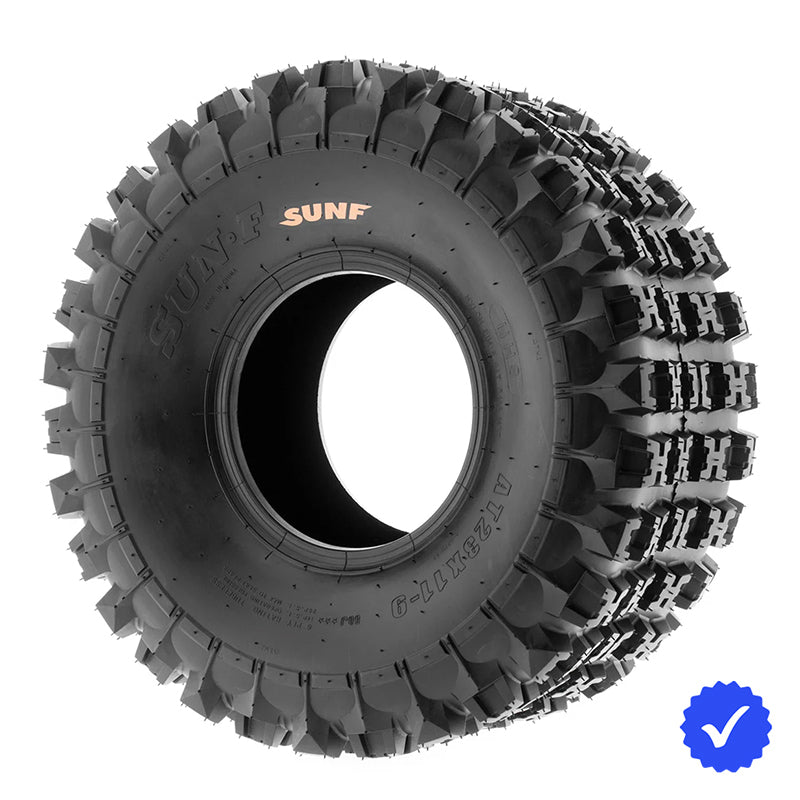 Angled view of the SunF® A-027 ATV Tire (Sport) 23x11-9 bias 6-Ply tire, offered with free shipping from Ride or Die Tire.