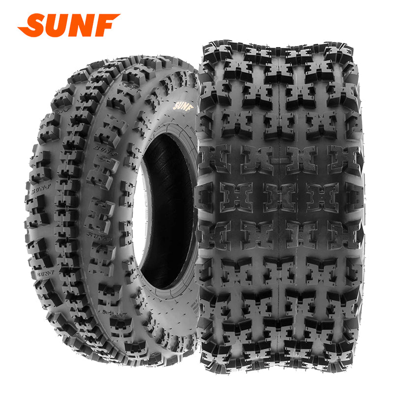 SunF A027 knobby x-lug tread ATV sport tires available in 6-ply bias design, front and rear sizes, all with free shipping from Ride or Die Tire.