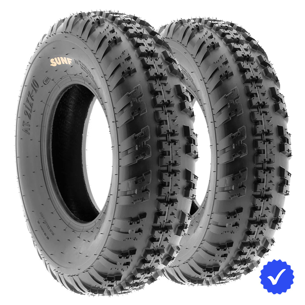 Pair / Set of 2 front ATV and Quad racing tires, model SunF A031 in either 21x7-10 or 20x6-10 sizes, featuring 6-ply bias construction and directional tread pattern with classic high performance styling and free shipping.